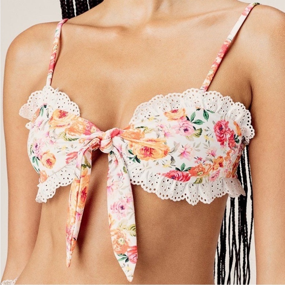 For Love & Lemons Ravi Floral Tie Front Bikini Top Eyelet Lace Trim Small